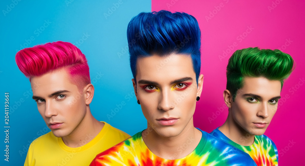 Fototapeta premium Portrait of three men with brightly dyed hair in pink, blue, and green, symbolizing individuality and bold self-expression against a colorful backdrop