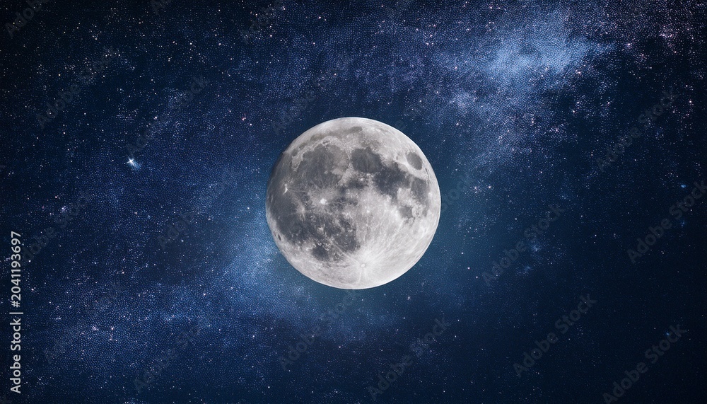 Fototapeta premium A Detailed Bright Full Moon Dominates The Dark Starry Expanse Of Deep Space