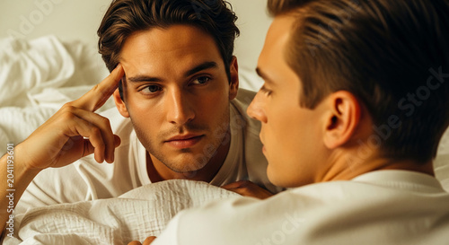 Close-up of two men looking at each other intimately in bed, symbolizing connection, romance, and affection.