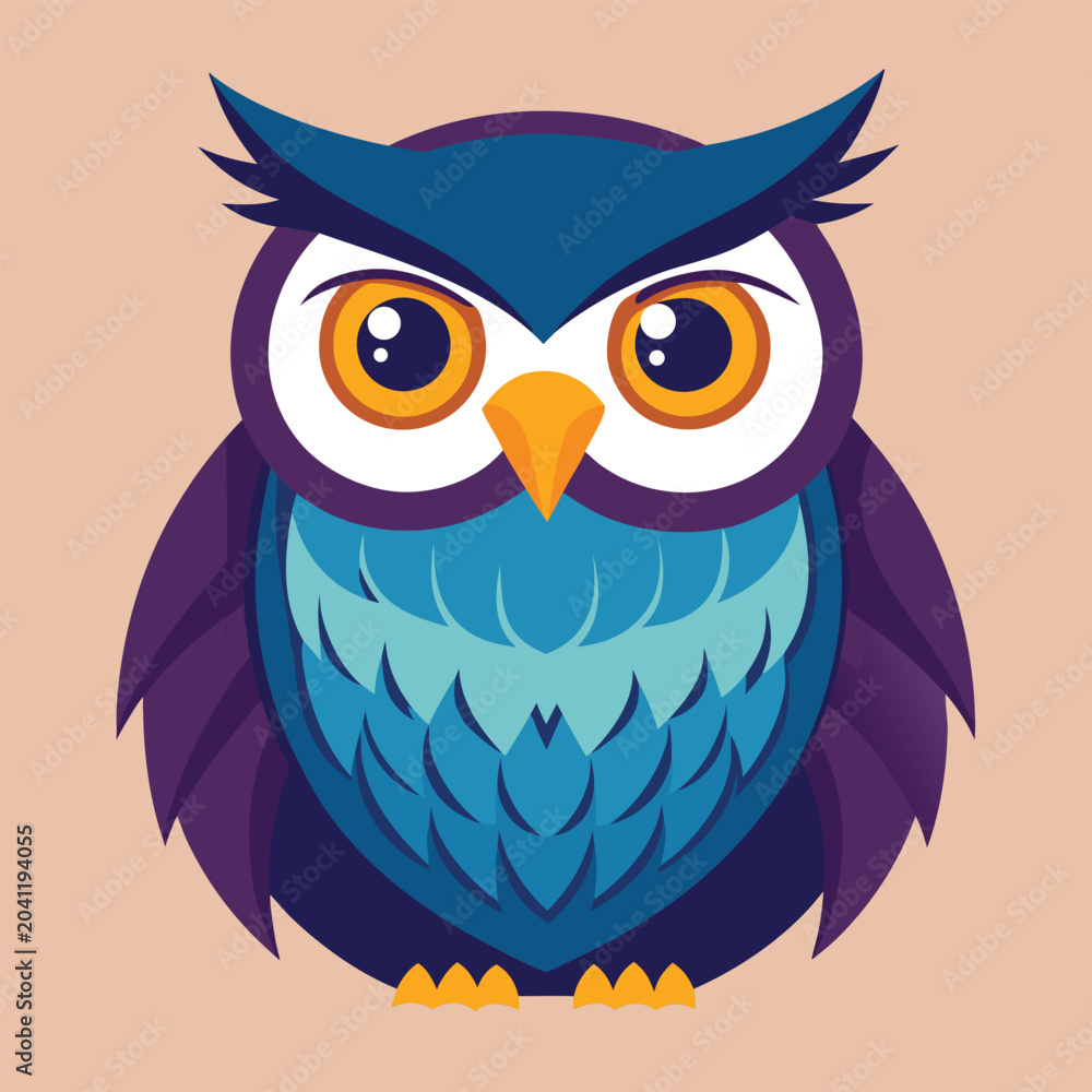 Fototapeta premium Cartoon Owl With Big Eyes and Bright Plumage Against a Soft Peach Background