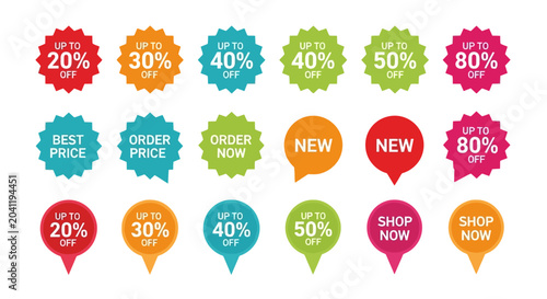 Fotografía Collection of colorful sale discount tags and new product announcement labels wi
