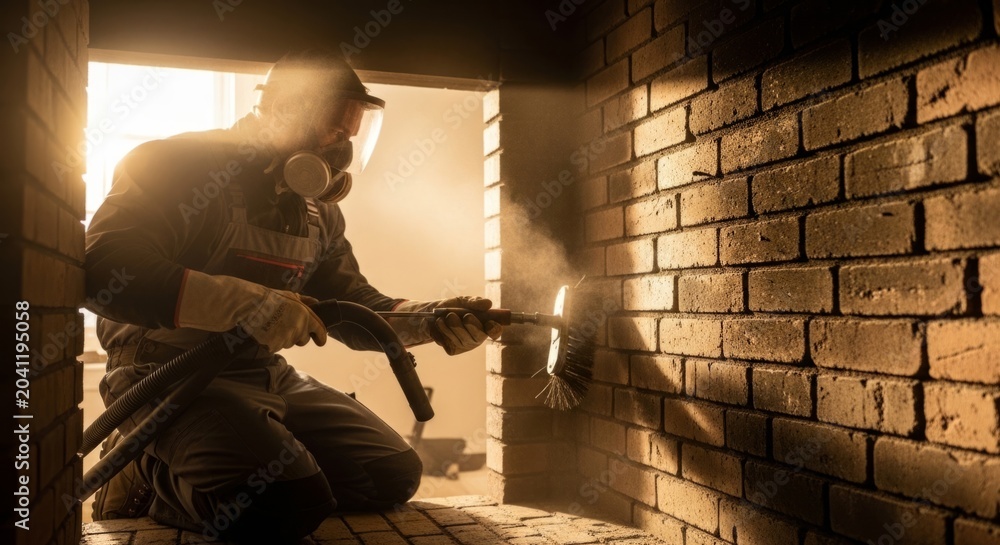 Naklejka premium Professional chimney sweep cleans fireplace with brush and vacuum in warm afternoon light, emphasizing home maintenance and clean air