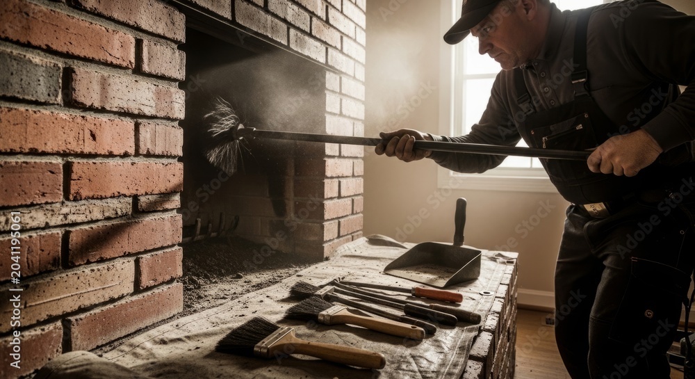 Naklejka premium Professional chimney sweep cleans fireplace with brush in warm natural light, showcasing expert home maintenance and craftsmanship.