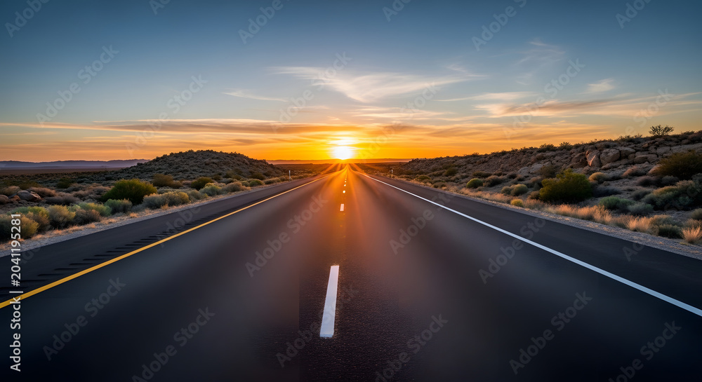 Fototapeta premium An asphalt highway stretches into the distance towards a bright sun setting over a desert landscape with sparse vegetation.
