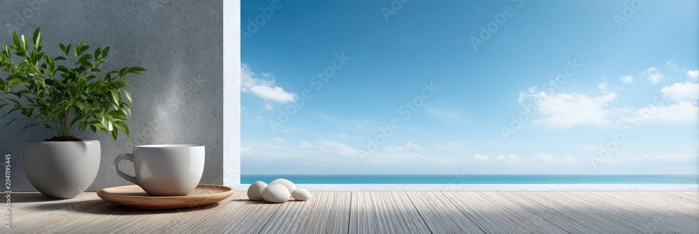 Fototapeta premium Morning beverage steaming on a seaside resort balcony, enjoying a peaceful vacation breakfast with refreshing ocean views and a clear blue sky