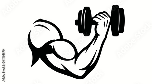 Quadro su tela Black and white graphic illustration of a strong, muscular arm flexing a bicep while lifting a dumbbell, symbolizing strength and fitness