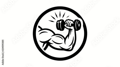 Tableau sur toile A strong, flexing bicep arm holding a dumbbell in a circular graphic, symbolizing strength and fitness