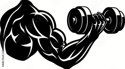 Fotografía A powerful, stylized black and white graphic illustration of a muscular arm flexing its bicep while lifting a heavy dumbbell, symbolizing strength and fitness