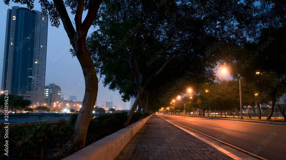 Obraz premium A serene view of modern city architecture lined with lush trees along a paved path at twilight