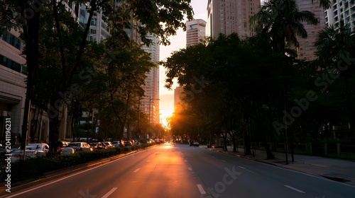 Tall buildings and lush trees are bathed in warm golden sunlight during the serene golden hour
