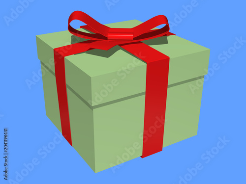 A 3D illustration of a light green gift box tied with a bright red ribbon and bow, set against a solid blue background. A simple and classic festive representation.