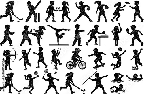 children sports and outdoor activities linocut vector silhouette mega set