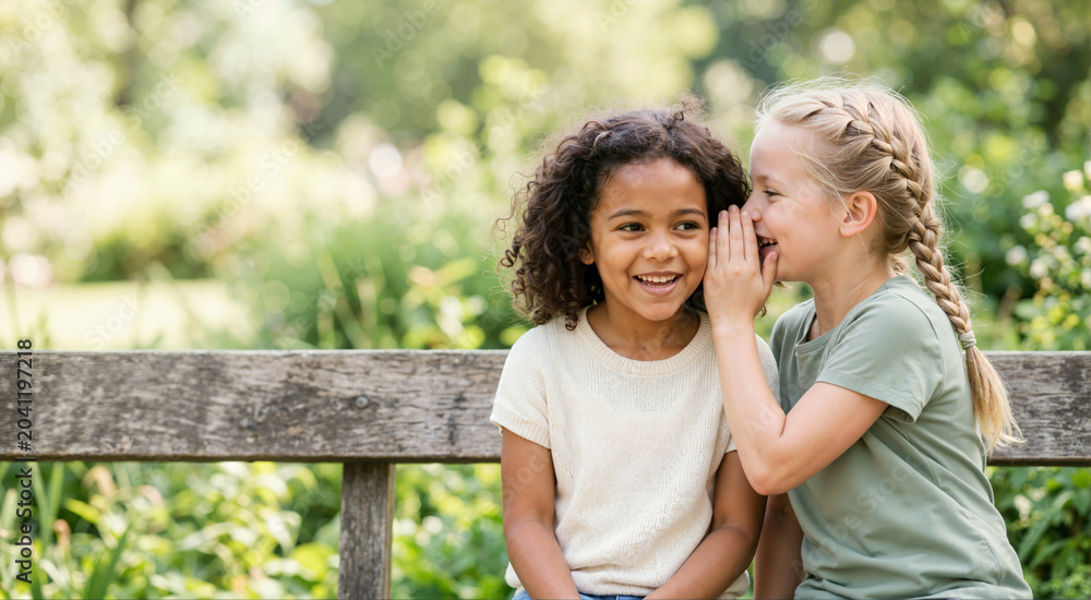 Naklejka premium Two young girls whispering secrets on park bench. Friends sharing stories outdoors. Childhood friendship concept