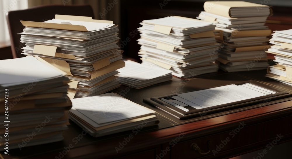 Fototapeta premium Overwhelmed by massive stacks of documents on an executive office desk, symbolizing bureaucracy and information overload for business strategy