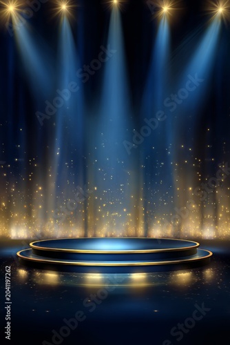 Large Stage With Circular Podium and Bright Lights Shining in a Blue and Gold Atmosphere for a Celebration Event