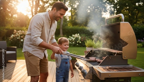 Happy father and child grilling in the backyard together during a sunny summer afternoon, celebrating a joyful Father's Day concept with a family outdoor barbecue party