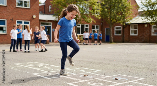 Smiling young girl playing hopscotch on a school playground. Child jumping on a chalk grid during recess with classmates in the background