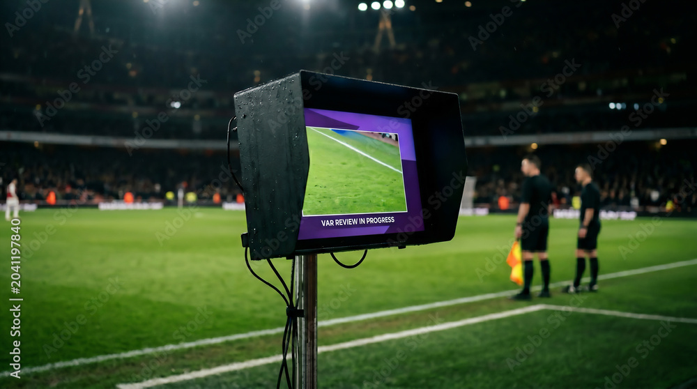 Fototapeta premium Close-up of a VAR monitor on the sideline of an illuminated football stadium pitch