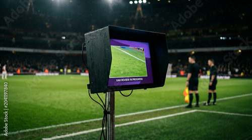 Close-up of a VAR monitor on the sideline of an illuminated football stadium pitch