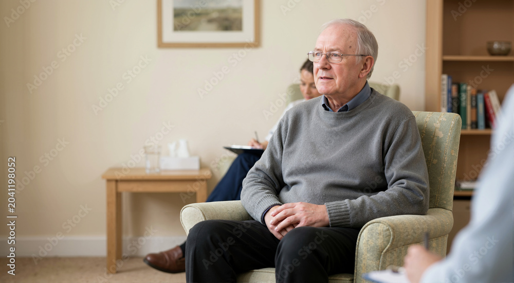 Fototapeta premium Elderly man with distant expression sitting in armchair during medical observation. Senior patient experiencing cognitive symptoms while caregiver takes notes in background