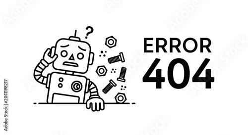 Fotografía Error landing page : A broken robot malfunctions and falls apart with tools scattered around it on a screen displaying an error message