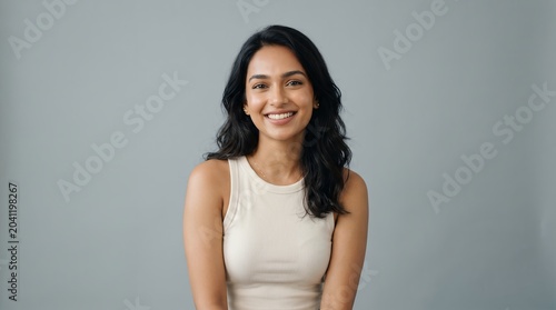 Smiling young woman with dark hair against grey background