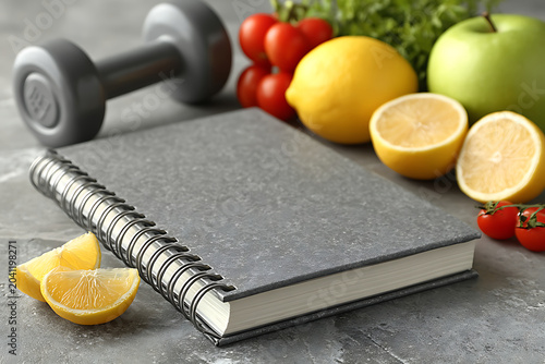 A gray notebook with a spiral binding lies on a table surrounded by healthy food and fitness equipment