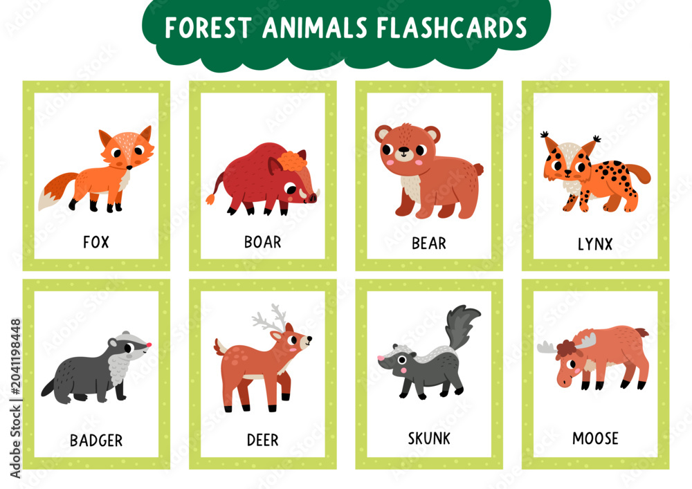 Obraz premium Vector forest animals flash cards set with fox, boar, bear, lynx. English language game for kids. Woodland flashcards. Simple nature educational printable worksheet with deer, moose