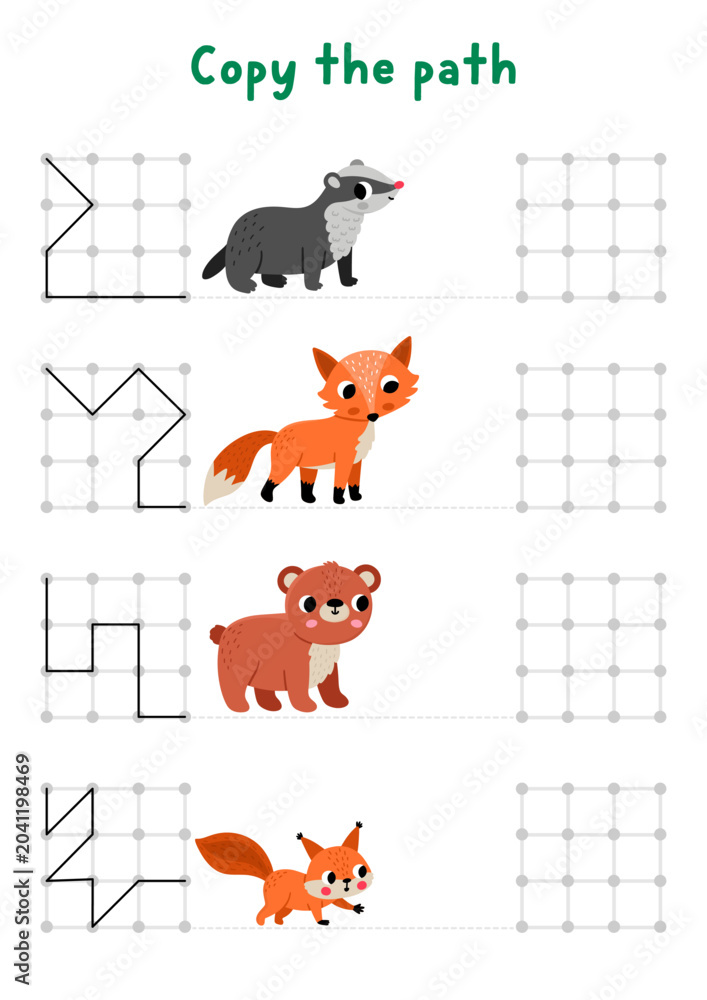 Fototapeta premium Forest animals drawing, writing, tracing, space orientation activity for kids with badger, fox, bear. Draw lines in square box according example. Woodland nature printable game, puzzle