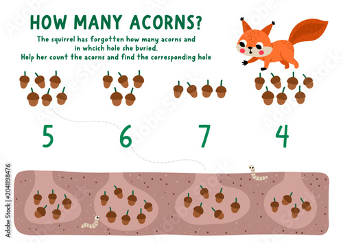Φωτογραφία Match the numbers forest game with squirrel burying acorns in holes