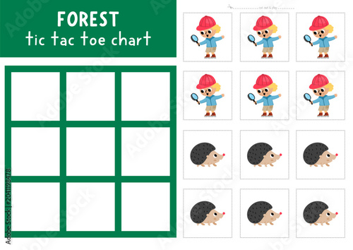 Cuadro en lienzo Vector forest tic tac toe chart with cute animal