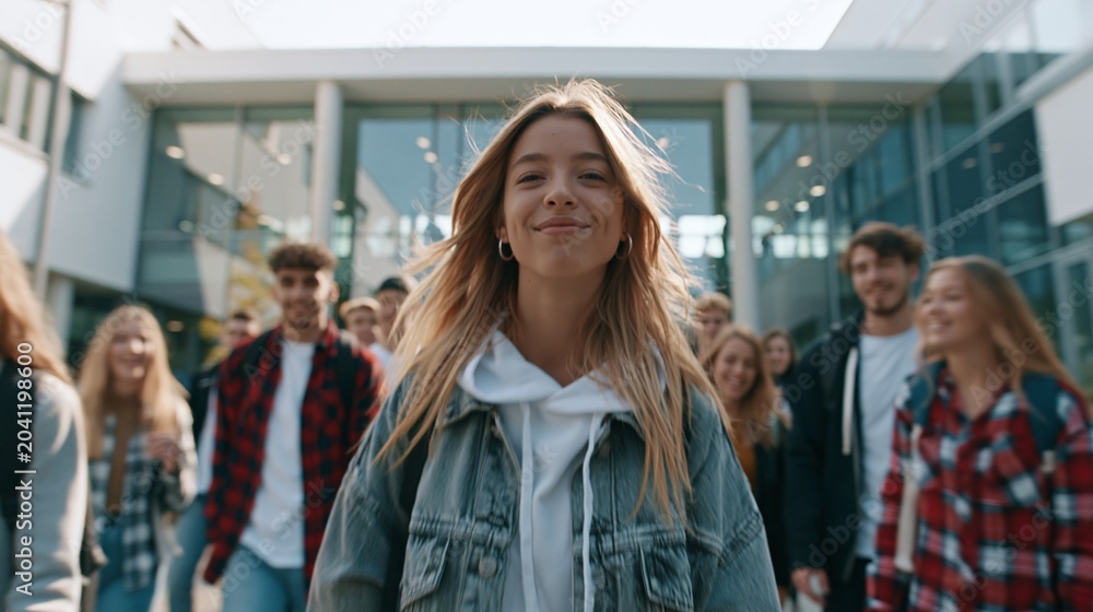 Obraz premium Diverse Group of Students Enters University Building for Entrance Exams in Modern Campus Setting Filled With Hope and Excitement