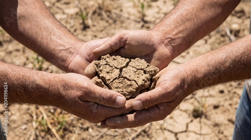 Farmer hands holding dry soil, Super El Nino drought agriculture, Climate change crop stress, Close up, Selective focus