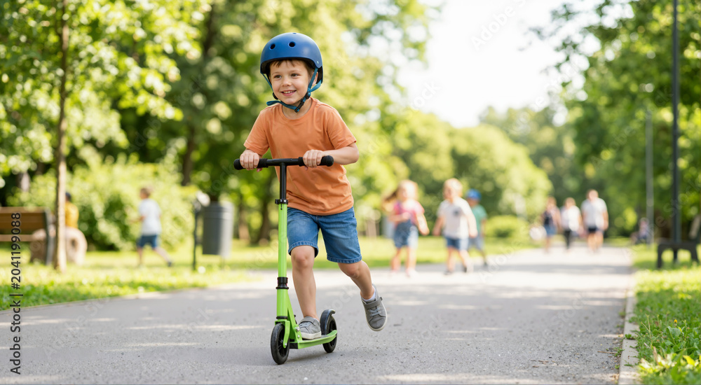Obraz premium Happy boy riding a green scooter in a sunny park. Active child wearing a blue safety helmet playing outdoors