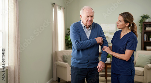 Confused senior man pulling away from caregiver. Geriatric patient exhibiting distress and disorientation symptoms of dementia