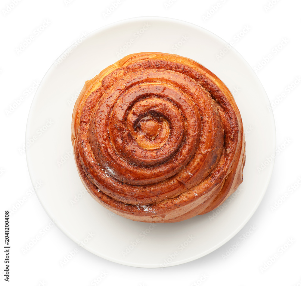 Fototapeta premium One tasty cinnamon roll isolated on white, top view