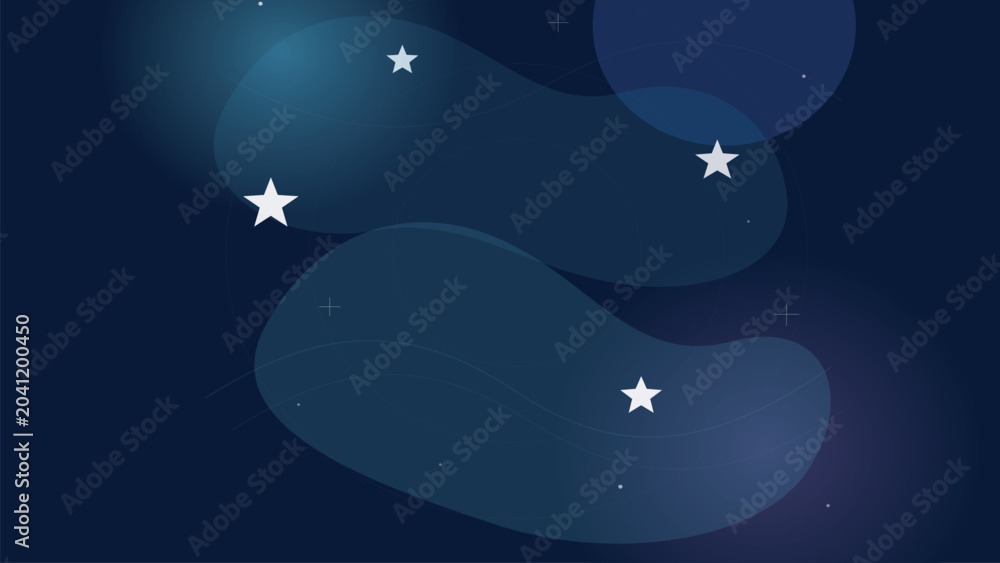 Fototapeta premium Dark blue dreamy space background with glowing stars and soft floating abstract shapes