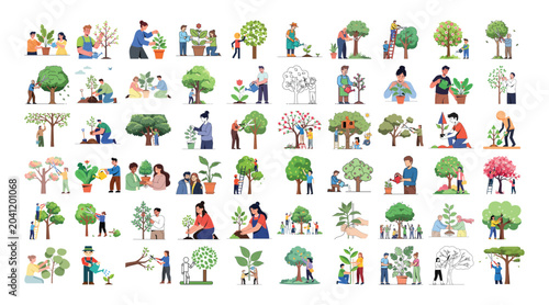 People gardening set featuring diverse characters planting watering and pruning trees and potted plants in flat vector illustration style for sustainable agriculture and nature care concepts
