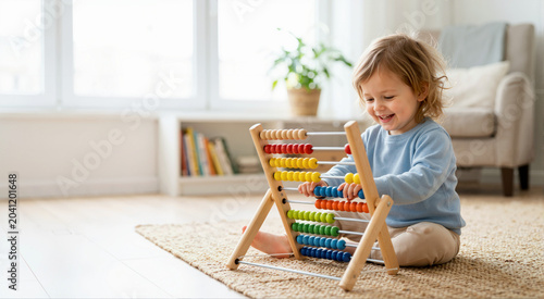 Smiling toddler playing with a wooden abacus on a rug. Child learning to count with colorful beads in a bright living room. Early childhood education and development concept