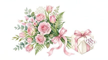 Watercolor Mother's Day flowers and gift, roses, tulips, ribbon, soft pink, isolated white, no people no animals
