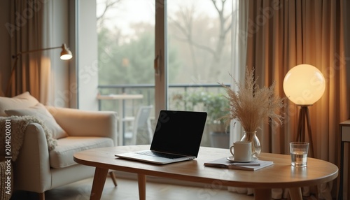 Cozy living room setup with laptop on coffee table. Comfortable sofa near window  warm lamp glow. Relaxed indoor atmosphere  work from home space  digital nomad setup.