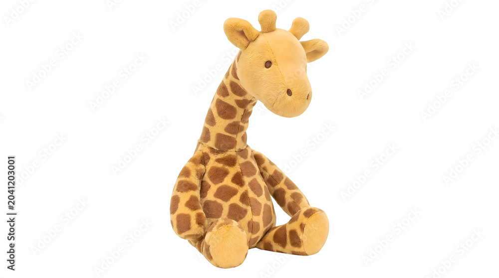 Obraz premium Plush giraffe toy with brown spots, soft stuffed animal for nursery decor, cute fabric giraffe doll isolated on white background