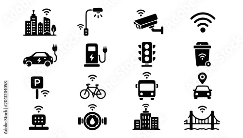Clean vector collection of smart city infrastructure icon isolated on white background.