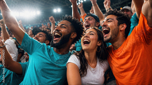 Diverse Group of Excited Young Sports Fans Cheering and Shouting with Raised Arms in a Crowded Stadium Arena at Night