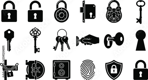Lock and key silhouette collection with padlocks, safes, security symbols, and privacy protection icons in vector design