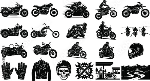 Foto Motorcycle silhouette vector collection featuring riders, bikes, gear, and cultu