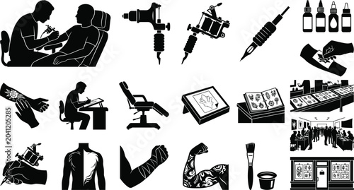 Fotografie Tattoo artistry silhouette vector collection featuring tattoo machines, artists,