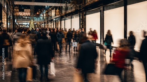 A bustling shopping street filled with many people walking and carrying shopping bags. The scene depicts a vibrant commercial atmosphere with blurred figures, suggesting movement and activity