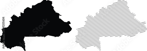 Burkina Faso map vector set, black silhouette and hatched line art of Burkina Faso borders, minimalist African country geography icons