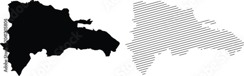 Dominican Republic map vector set, black silhouette and hatched line art map of Dominican Republic, Caribbean island country borders for travel infographics